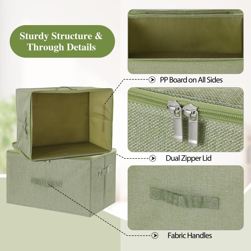 ANMINY Storage Bins with Zipper Lids 51.9 Qt Lidded Fabric Storage Boxes Baskets Cubes with Handles Collapsible Washable Cotton Linen Closet Shelf Clothes Organizer - Green, Extra Large - Image 4